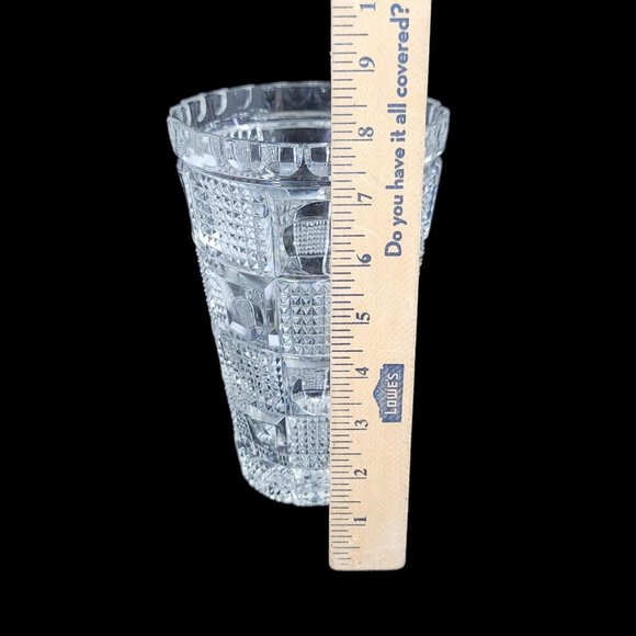 Vintage Lead Crystal Glass Circle Square Patterned Vase Thumbprint 8" Tapered - Picture 7 of 9